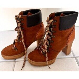 See By Chloe Eileen Womens Boot 8 Brown Black Leather Lace Up Ankle Heeled Boots